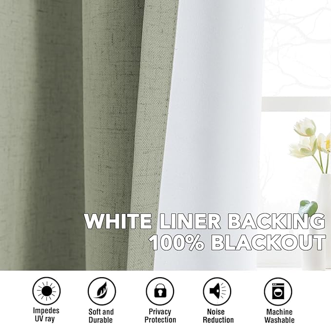 H.VERSAILTEX Linen Curtains 100% Blackout Curtains for Bedroom 54 inch Long Full Light Blocking Nature Linen Blended Window Curtains for Living Room Nickel Grommet (2 Panels, Heathered Tea)