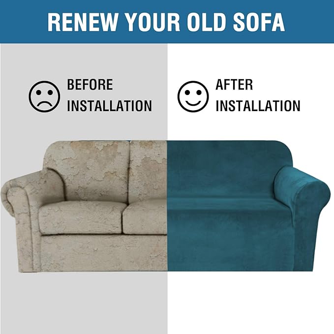 H.VERSAILTEX Stretch Velvet Sofa Covers for 3 Cushion Couch Covers Sofa Slipcovers Furniture Protector Soft with Non Slip Elastic Bottom, Crafted from Thick Comfy Rich Velour (Sofa 72'-90', Deep Teal)