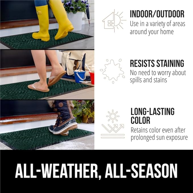 GORILLA GRIP 100% Waterproof All-Season WeatherMAX Doormat US Designed Natural Rubber, Stain and Fade Resistant, Low Profile Indoor Outdoor Door Mats, Easy Clean Patio Mat, 29x17, Green Diamond