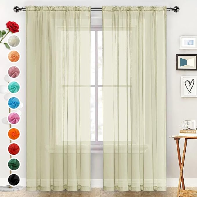SpaceDresser Basic Rod Pocket Sheer Voile Window Curtain Panels Sage Green 1 Pair 2 Panels 52 Width 108 Inch Long for Kitchen Bedroom Children Living Room Yard（Sage Green, 52W x 108L）