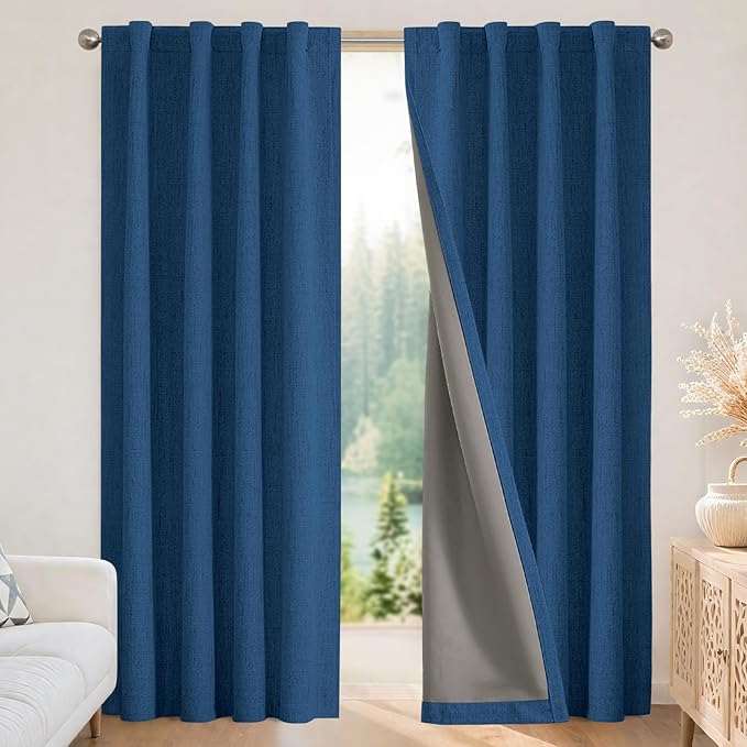 Joydeco Blackout Curtains for Bedroom - 108 Inch Long 100% Light Blocking 2 Panels Navy Blue Drapes, Thermal Insulated Room Darkening Curtains, Linen Textured for Living Room, Rod Pocket & Back Tabs