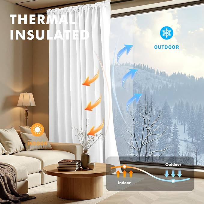 MIULEE 100% Blackout Linen Curtains for Bedroom, Bright White Solid Luxury Decor Thermal Insulation Room Darkening Drapes for Living Room Nursery Back Tab Rod Pocket 42 x 84 Inches, 2 Panels
