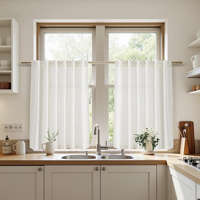 Nanspring 24 Inch Linen Curtains for Kitchen Beige White Small Window Semi Sheer Curtains Back Tab and Rod Pocket Light Filtering Drapes for Basement Short Cafe Curtain, 40 x 24 Inch,2 Panels