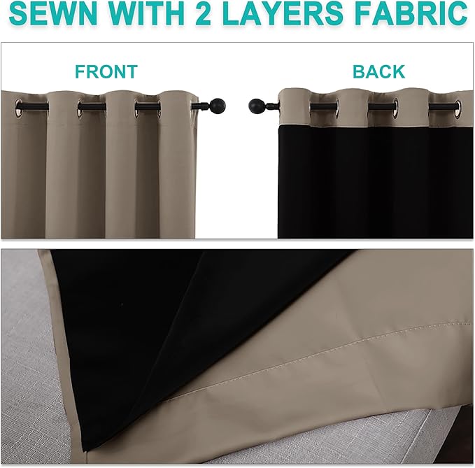 NICETOWN Total Shade Curtains and Draperies, Heavy-Duty Full Light Shading Drapes with Black Liner Backing for Villa/Hall/Dorm Window（Taupe, Package of 2 Panels, 70 inches Wide x 95 inches Long