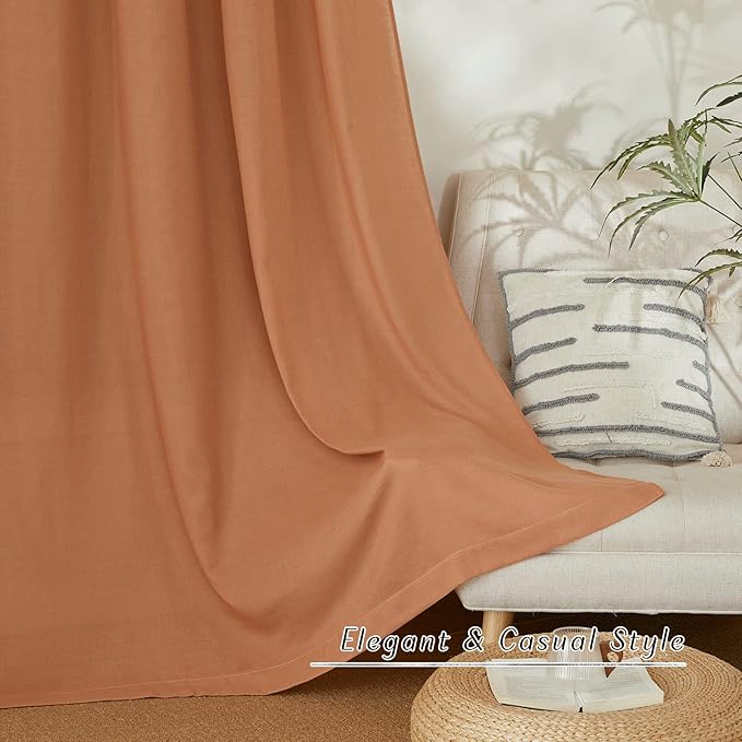 NICETOWN Linen Curtains for Windows 90 inch Long, Grommet Semi Sheer Vertical Drapes Privacy Added with Light Filtering for Doorway/Living Room, Burnt Orange, W42 x L90, 2 Pieces