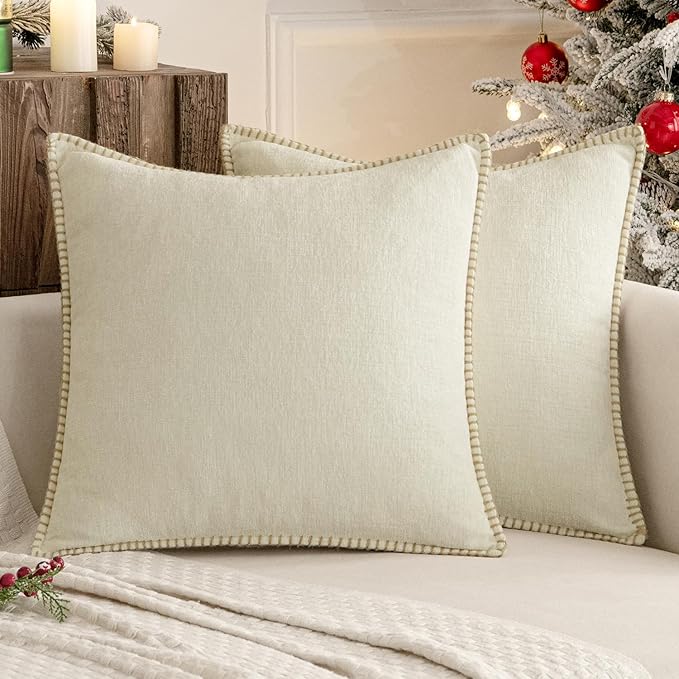 MIULEE Pack of 2 Christmas Pillow Covers 18x18 Inch Cream White Farmhouse Decorative Throw Pillow Covers with Stitched Edge Soft Chenille Solid Dyed Couch Pillow Covers for Sofa Bed Living Room