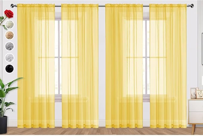 SpaceDresser Yellow Sheer Curtains 4 Panels Rod Pocket Semi-Sheer Curtain 45 Inches Long Light Filtering Voile Window Drapes for Bedroom Living Room Kitchen, Each 52W x 45L