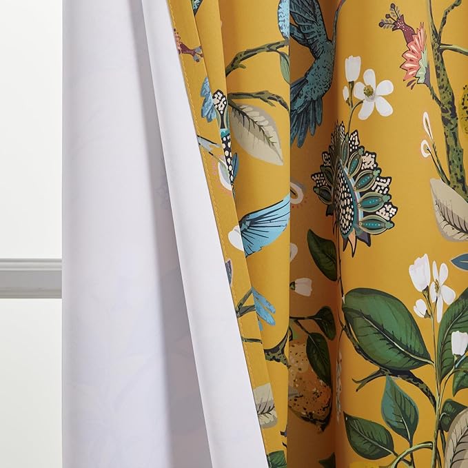 Topfinel Mustard Yellow Luxury Curtains 96 Inches Long for Living Room Bedroom, Blackout Vintage Art Deco Anthropologie Victorian Curtains Floral Lemon Hummingbird Printed Grommet Drape 96 Inch Length
