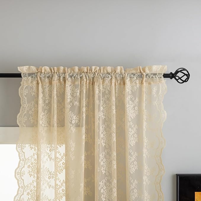 YJ YANJUN Vintage Lace Curtains 96 Inches Long-Victorian Floral Beige Sheer Curtains for Living Room Office Bedroom Light Filtering Embroidered Window Treatment Spring Summer Decor 8 FT 52Wx96L