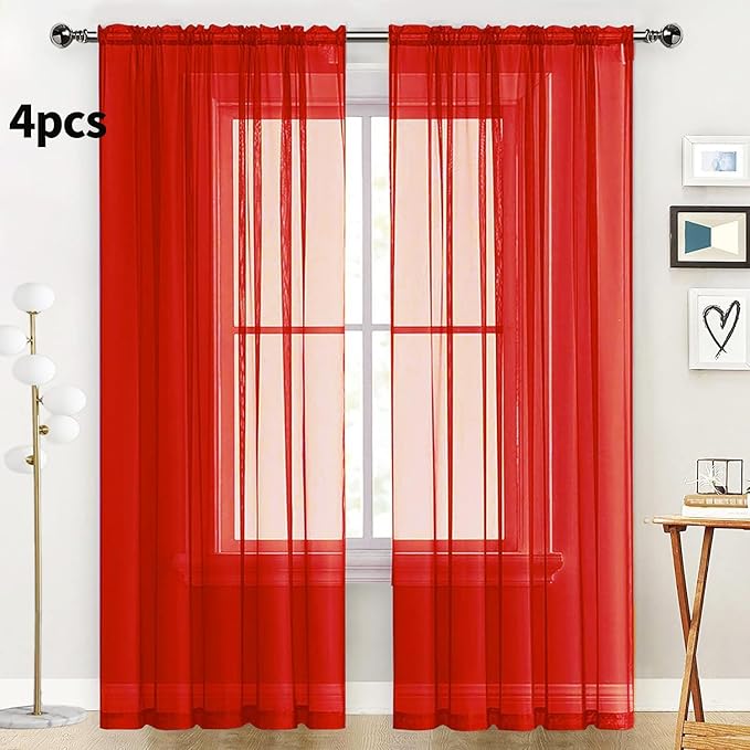 SpaceDresser Sheer Red Curtains 4 Panels Rod Pocket Semi-Sheer Curtain 54 Inches Long Light Filtering Voile Window Drapes for Bedroom Living Room Kitchen, Each 52W x 54L