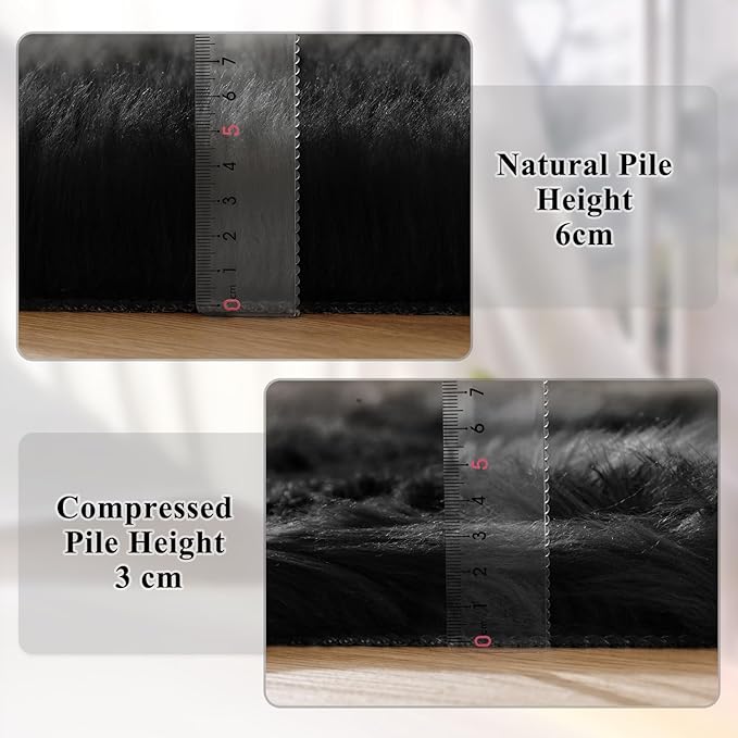 ORINOVA Black Fuzzy Washable Shaggy Area Rugs for Bedroom Small Circle Faux Sheepskin Shag Fur Round Rug 3ft Nursery Rug