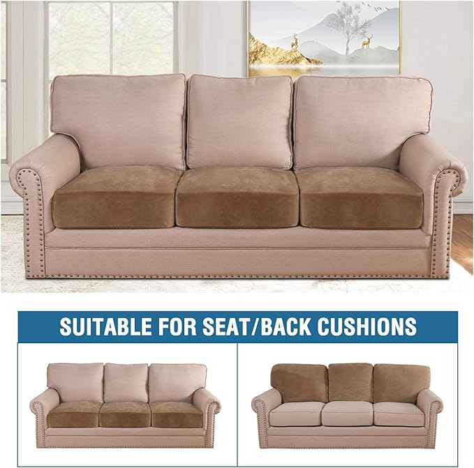 H.VERSAILTEX Velvet Stretch Couch Cushion Cover Plush Cushion Slipcover for Chair Loveseat Sofa Cushion Furniture Protector Seat Cushion Sofa Cover (3 Piece XL Sofa Cushion Covers, Camel)