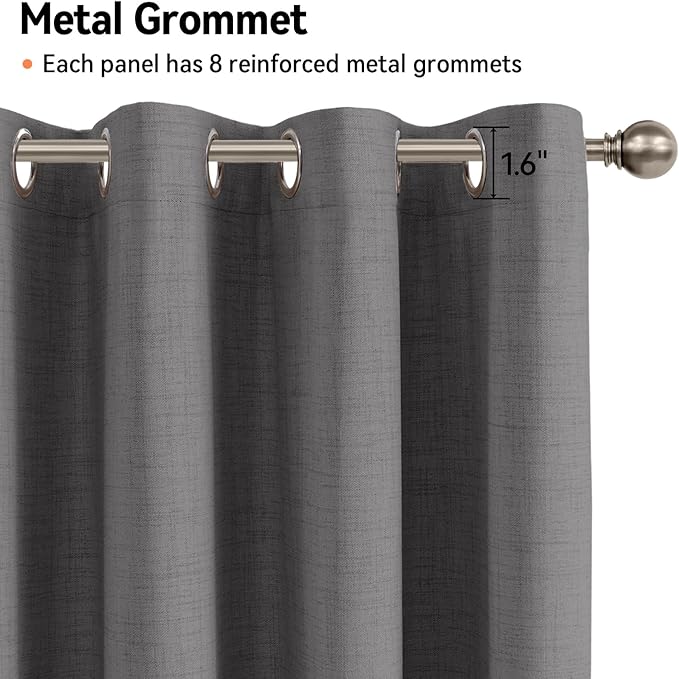 100% Blackout Shield Linen Blackout Curtains for Bedroom, Dark Gray Grommet Curtains for Living Room, Thermal Insulated Room Darkening Drapes for Nursery, Boho Home Decor, 50" W x 72" L, 2 Panels