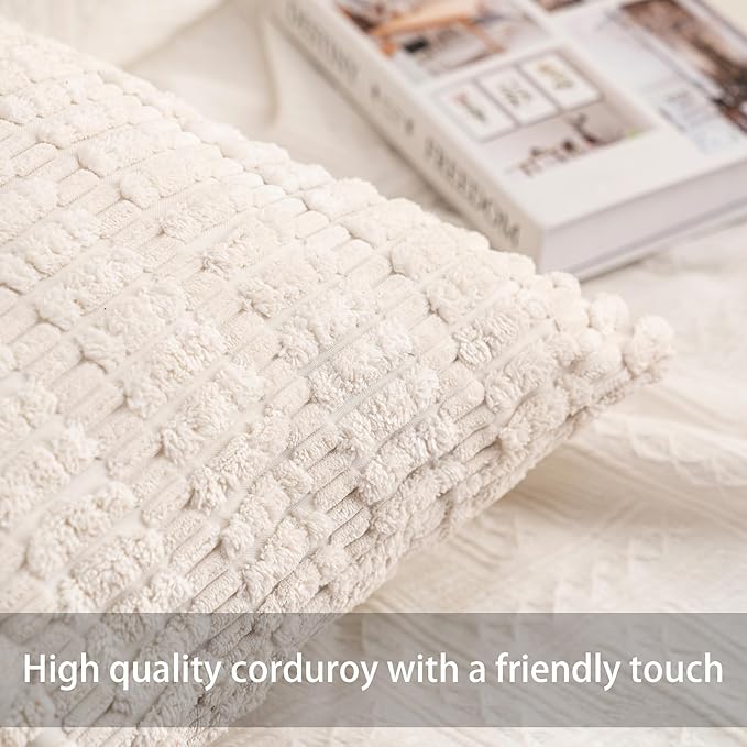 Pack of 2 Corduroy Decorative Throw Pillow Covers 22x22 Inch Soft Striped Pillow Covers Modern Farmhouse Home Decor for Sofa Living Room Couch Bed（White）