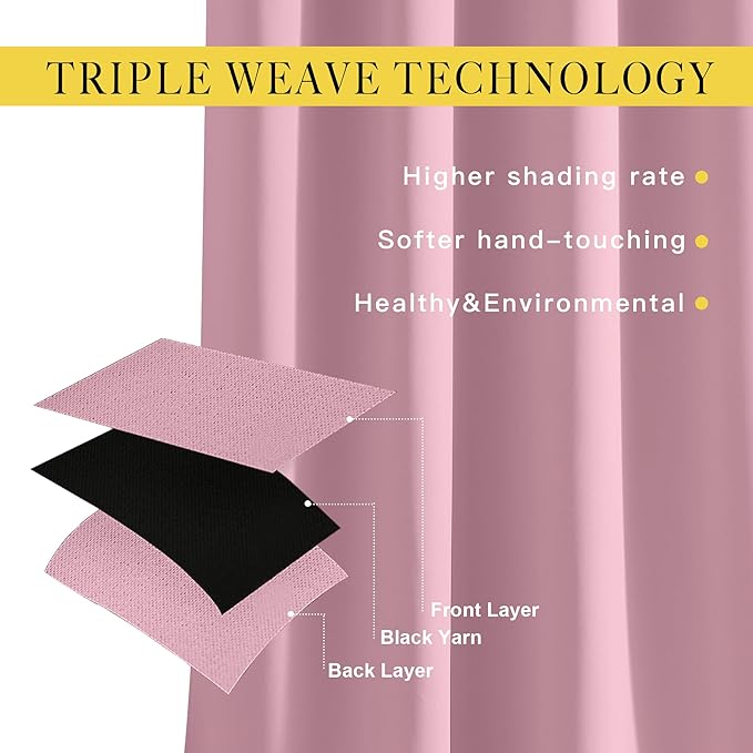 NICETOWN Blackout Curtains for Kids Room - Triple Weave Microfiber Home Thermal Insulated Solid Ring Top Blackout Panels/Drapes for Bedroom(Crystal Pink, Set of 2, 52 x 63 Inch)