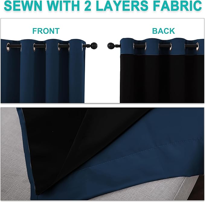 NICETOWN 100% Blackout Blinds, Set of 2, 52 inches x 102 inches, Laundry Room Decor Window Treatment Curtains for Large Patio Sliding Door, Thermal Insulated Moroccan Blue Curtains for Bedroom