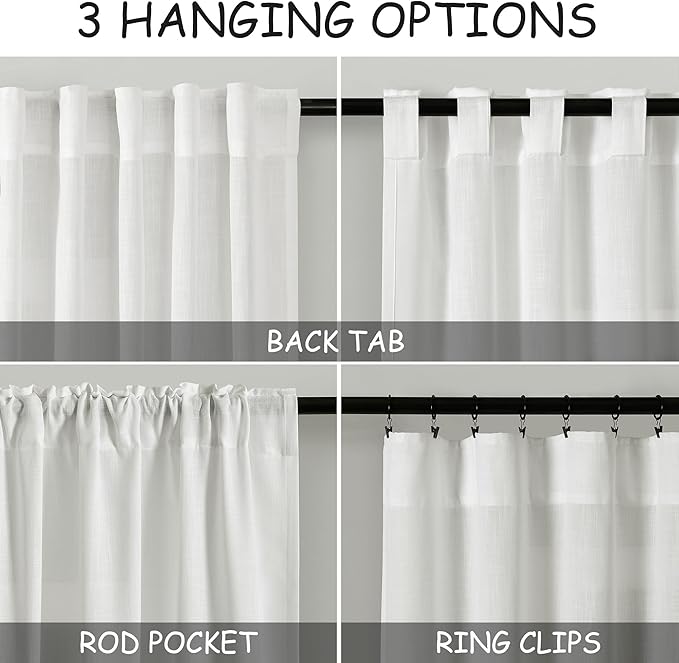 Nanspring Off White Cafe Curtains 54 Inch Length Set 2 Panel Back Tab Pocket Semi Sheer Drapes Short Linen White Curtain Tiers for Small Bathroom Window Basement Kitchen Door 38x54