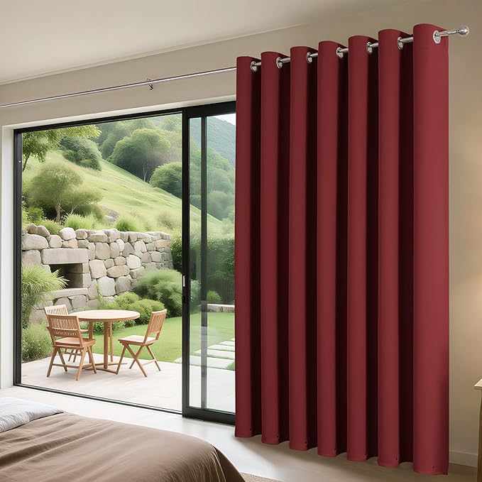 Joydeco Blackout Patio Sliding Door Curtains 108 Inches Long, Grommet Privacy Room Divider Curtains, Extra Wide Thermal Blackout Drapes for Bedroom Living Room (Burgundy Red, 60Wx108L, 1 Panel)