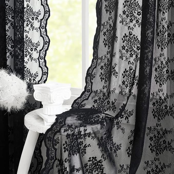 YJ YANJUN Vintage Lace Curtains 108 Inches Long- Victorian Floral Pattern Black Sheer Curtain Panels for Living Room Bedroom,Light Filtering, Gothic Witchy Halloween Drapes 2 Panels 52W x 108L