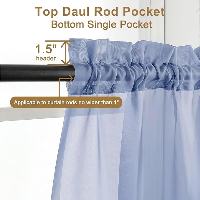 Chyhomenyc Sheer Curtains 63 Inch Length 2 Panels Set - Light Filtering Rod Pocket Window Curtain Treatment Drapes for Bedroom Living Room, 42Wx63L Inch, Denim Blue