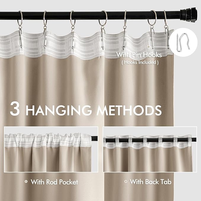 MIULEE Taupe Back Tab Blackout Curtains 63 Inch Length 2 Panels Set for Living Room Bedroom Privacy, Rod Pocket/Pinch Pleat Thermal Insulated Room Darkening Pleated Light Blocking Drapes