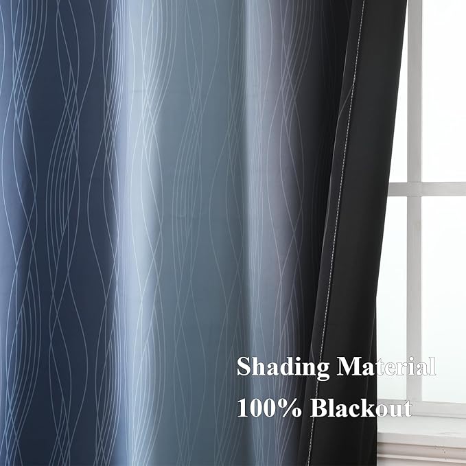 Estelar Textiler Navy Blue and Black Ombre Blackout Curtains 72 Inch Length 2 Panels Set, Full Room Darkening Grommet Curtains for Bedroom, Thermal Insulated Light Blocking Gradient Drapes,52Wx72L