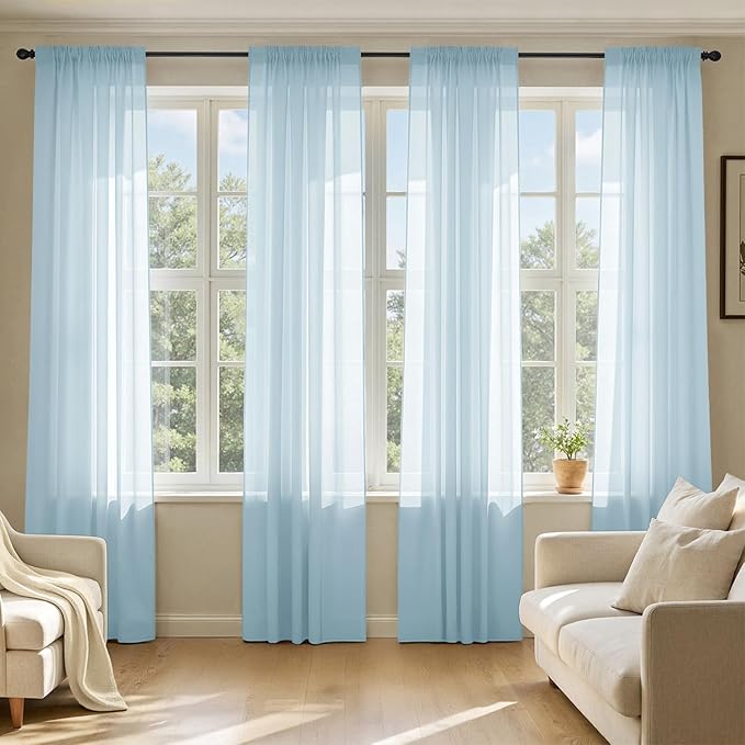 MIULEE Sky Blue Sheer Curtains 96 Inches Long, 4 Panels Set, Light Filtering Rod Pocket Voile Drapes for Living Room and Bedroom, Airy Soft Fabric Window Treatments, 42 x 96 Inches