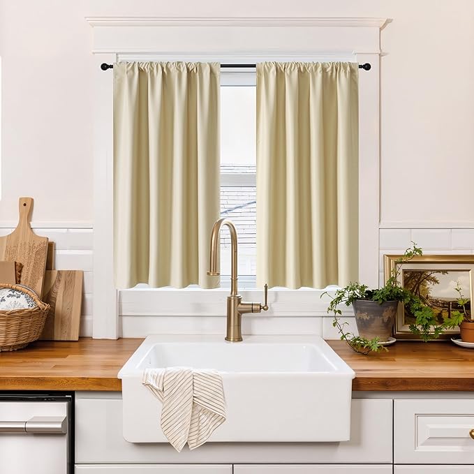 RYB HOME 100% Blackout Short Curtains for Small Window, Thermal Insulated Total Room Darkening Noise Reducing Curtains for Kitchen Bathroom Basement, 42 inches Wide by 45 inches Long, Biscotti Beige