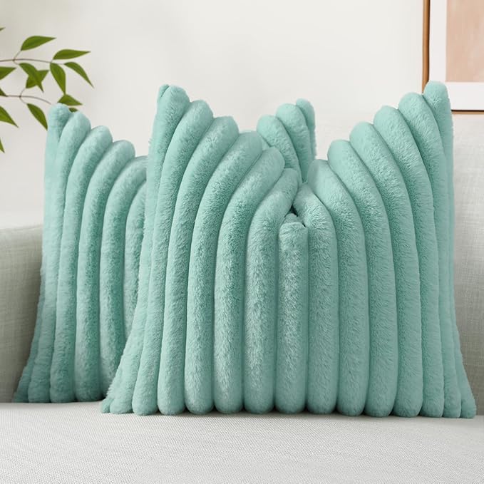 decorUhome Summer Cozy Faux Fur Throw Pillow Covers 26x26 Set of 2 Decorative Soft Plush Striped Modern Farmhouse Boho Couch Euro Sham Pillow Cases with Velvet Back for Sofa Bed Living Room, Aqua