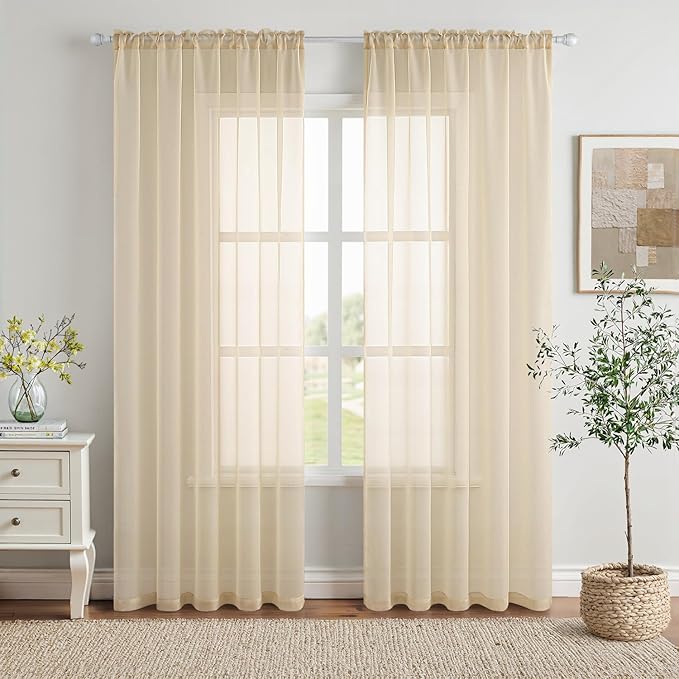MIULEE 2 Panels Solid Color Sheer Window Curtains Elegant Window Voile Panels/Drapes/Treatment for Bedroom Living Room (54X72 Inches Cream)