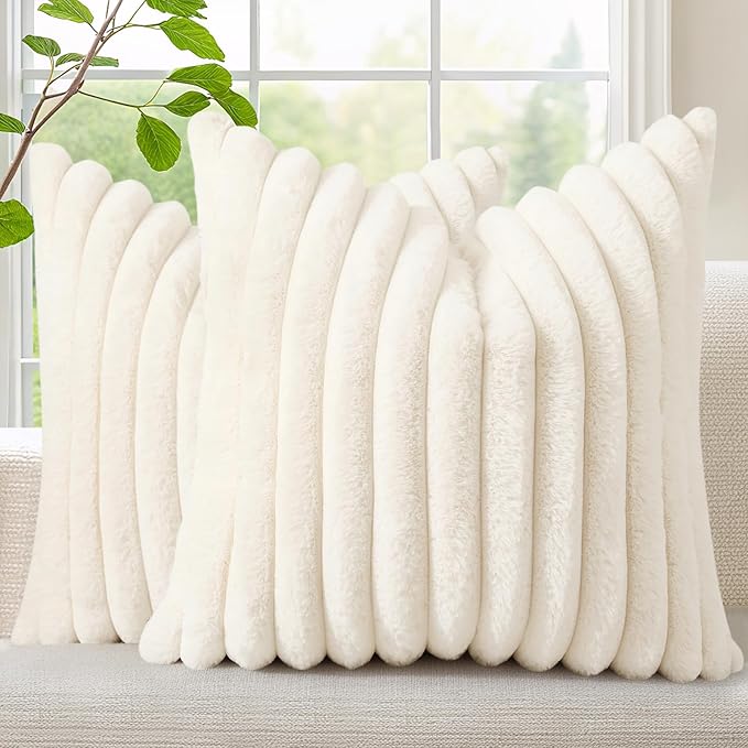 decorUhome Summer Cozy Faux Fur Throw Pillow Covers 16x16 Set of 2 Decorative Soft Plush Striped Modern Farmhouse Boho Couch Pillow Cases with Velvet Back for Sofa Bed Living Room, Cream White