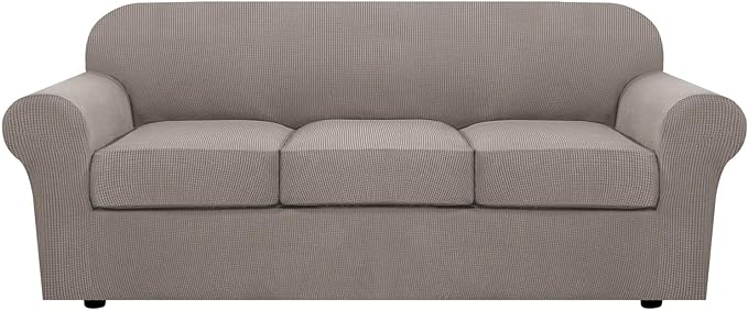 H.VERSAILTEX 4 Piece Stretch Sofa Covers for 3 Cushion Couch Covers for Living Room Furniture Slipcovers (Base Cover Plus 3 Seat Cushion Covers) Upgraded Thicker Jacquard Fabric (Sofa, Taupe)