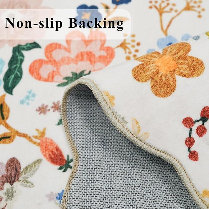 Floral Square Area Rugs for Family: Washable 5x5 Scalloped Carpet for Living Room Bedroom Soft Water Resistant Floor Mat with Non Slip Backing for Kitchen Nursery Dorms Farmhouse Home Decor(5x5,Cream)