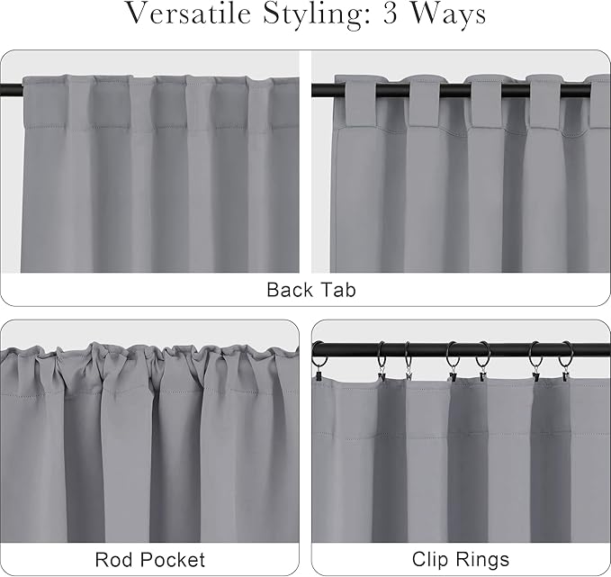 PONY DANCE Bathroom Window Curtains - Back Tab & Rod Pocket Drapes Window Treatments Privacy Protect/Blackout Curtain Panels for Kitchen, 42" W by 30" L, Silver Grey, 2 Pieces