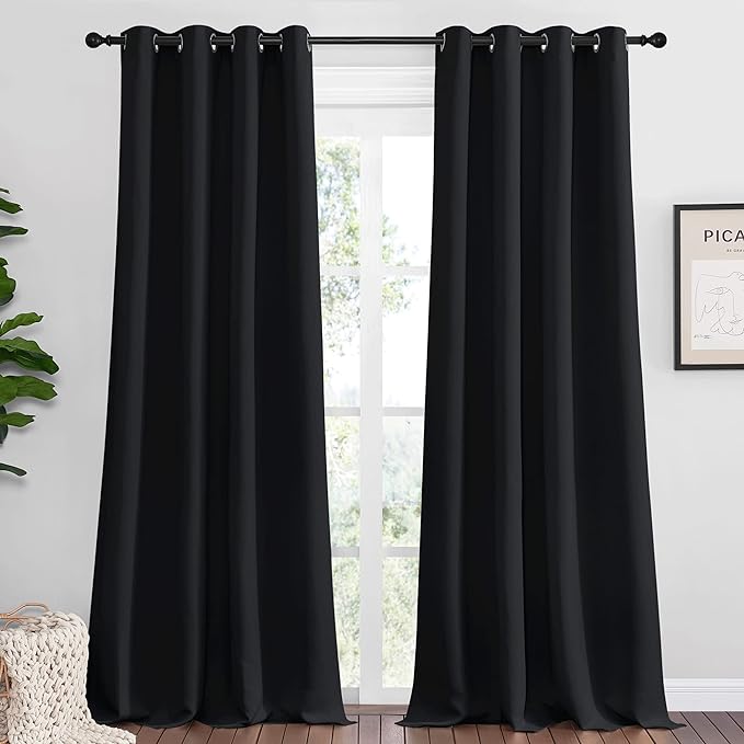 NICETOWN Patio Blackout Curtain Shades, 2 Panels, 55 inches x 110 inches, Black, Summer Home Decoration Thermal Insulated Grommet Blackout Draperies/Drapes for Kitchen