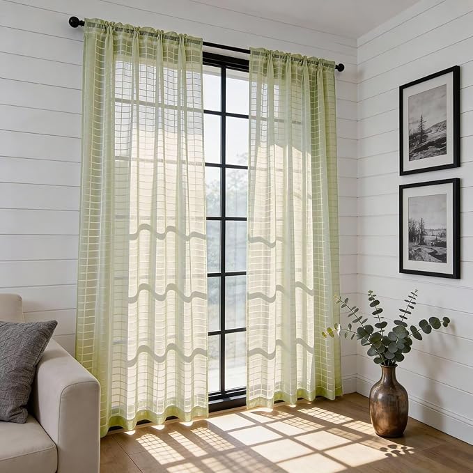 SpaceDresser Check Sheer Curtains 45 Inches 2 Panels Set, Rod Pocket Plaid Window Curtain for Living Room, Sage Green Semi Sheer Drapes for Kitchen Bedroom Children Room Yard（Sage Green, 52W x 45L）