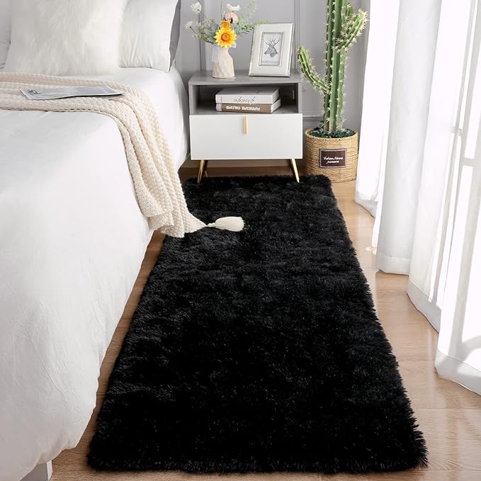 Chicrug Soft Runner Rugs for Bedroom Living Room Plush Fluffy Rug 3x8 Feet, Shag Furry Area Rug Carpet Non Shedding for Nursery Children Kids Girls Room Home Decorative, Black