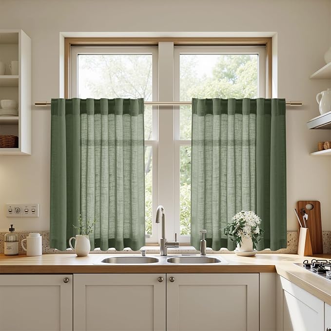 Nanspring Short Linen Curtains 36 Inch Length for Kitchen Windows Over Sink Olive Green Light Filtering Back Tab and Rod Pocket Neutral Curtains for Cafe Basement 30 x 36 Inch,2 Panels