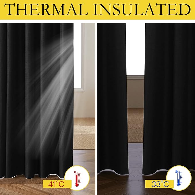 NICETOWN Black Out Linen Curtains, Complete Blackout Shades for Large Window Door, 100% Blackout Window Curtain Panels with White Lined, 52 inches Width Each Panel, 95 inches Length, 2 Pieces