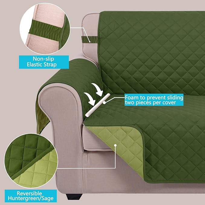 U-NICE HOME Recliner Chair Covers Reversible Chair Cover Pet Covers for Dogs with Elastic Straps Water Resistant Diamond Quilted (28''Recliner Oversized, Huntergreen/Sage)