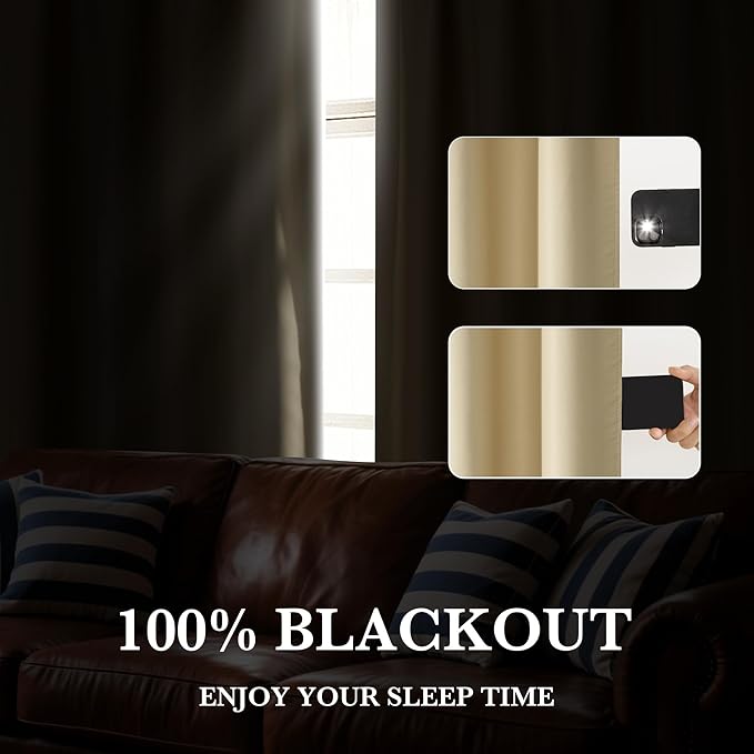 RYB HOME 100% Blackout Bathroom Curtains Over Sink 24 inches Long, Heat & UV Blocking Total Room Darkening Noise Reducing Curtains for Basement RV Campers, Biscotti Beige, 2 Panels Set