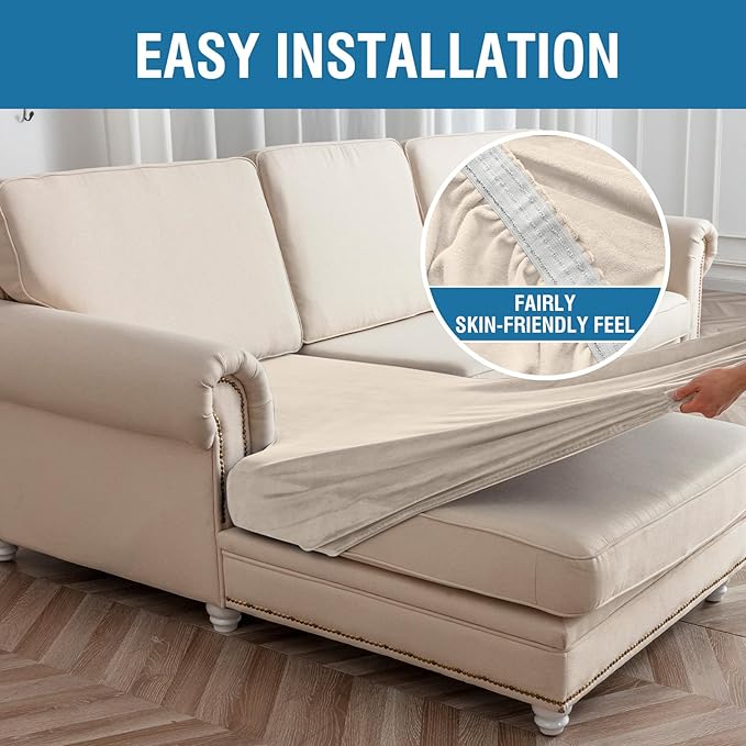 Couch Cover Stretch Velvet Sofa Cushion Cover 2-Piece - Elastic Washable Slipcover for Seat or Backrest, Couch Seat Covers for Sofas (Cream)