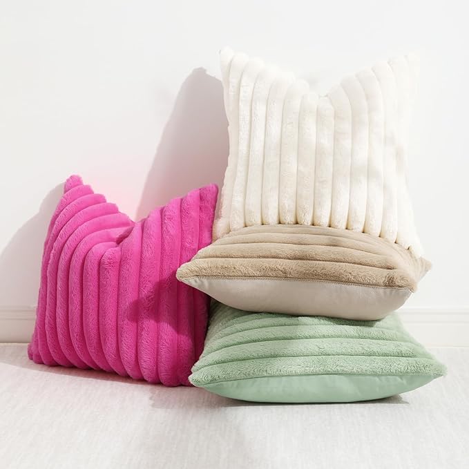 decorUhome Summer Cozy Faux Fur Throw Pillow Covers 12x20 Set of 2 Decorative Soft Plush Striped Lumbar Modern Farmhouse Boho Couch Pillow Cases with Velvet Back for Sofa Bed Living Room, Sage Green