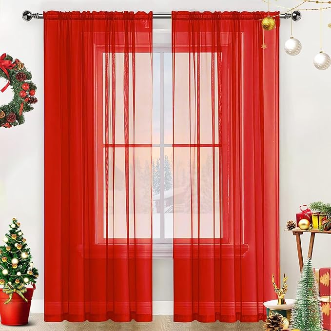 SpaceDresser Sheer Voile Window Treatment Rod Pocket Curtain Panels for Kitchen Bedroom Living Room Drapes Sunlight Filtering Privacy Semi Home Decor Assorted (Red, 52 W x 54 L)