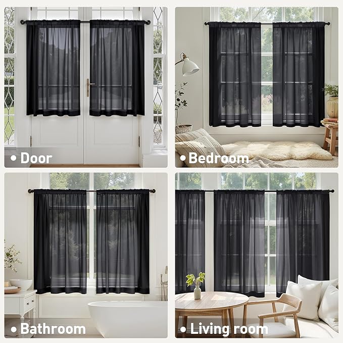 MIULEE Short Sheer Curtains 54 Inches Long, 4 Panels Set, Light Filtering Rod Pocket Curtains for Kitchen/Bathroom Small Windows, 42W x 54 Inches, Black