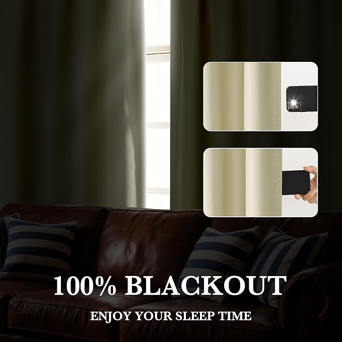 RYB HOME Bedroom Blackout Curtains 72 inches Long, 100% Blackout Thermal Insulated Noise Reducing Curtains for Living Room Nursury, 62 inches Wide by 72 inches Long, Beige