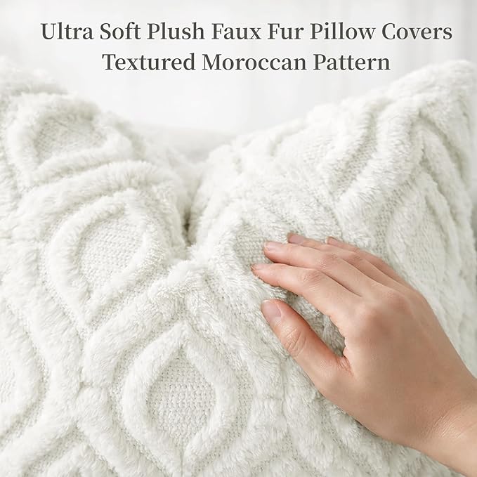 decorUhome Throw Pillow Covers 16x16 Inch Set of 2, Soft Plush Faux Wool Cream White Solid Couch Pillow Covers, Accent Farmhouse Neutral Square Pillow Cases for Sofa Bed Living Room