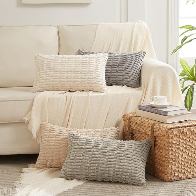 Fancy Homi 4 Packs Neutral Boho Long Lumbar Decorative Throw Pillow Covers 20x28 Inch for Couch Sofa, Rustic Farmhouse Boho Neutral Home Decor, Soft Plush Striped Corduroy Square Cushion Case 50x70 cm