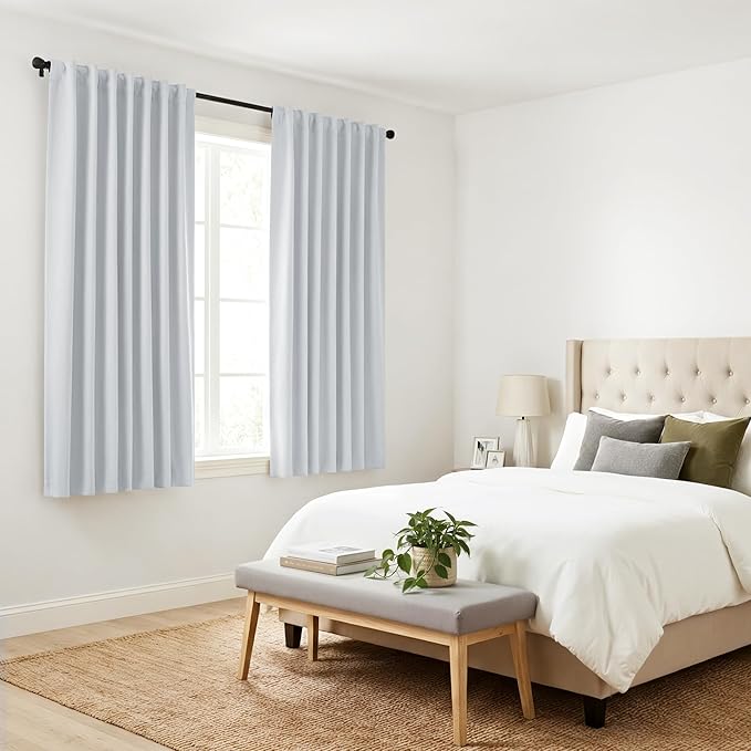 PONY DANCE 60% Light Filtering White Curtain Panels, Kitchen Curtains Room Darkening Energy Saving Short Drapes with Back Tab for Bedroom Home Decor, 52 in Wide by 54 Long, Greyish White, 2 Pieces