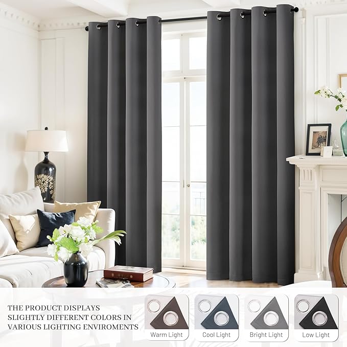 Yakamok Room Darkening 100% Blackout Curtains Grommet Window Treatments with 2 Thick Layers-Charcoal Grey Thermal Insulated Drapes Set of 2 Panels for Bedroom Living Room 52 Inches by 63 Inches Length